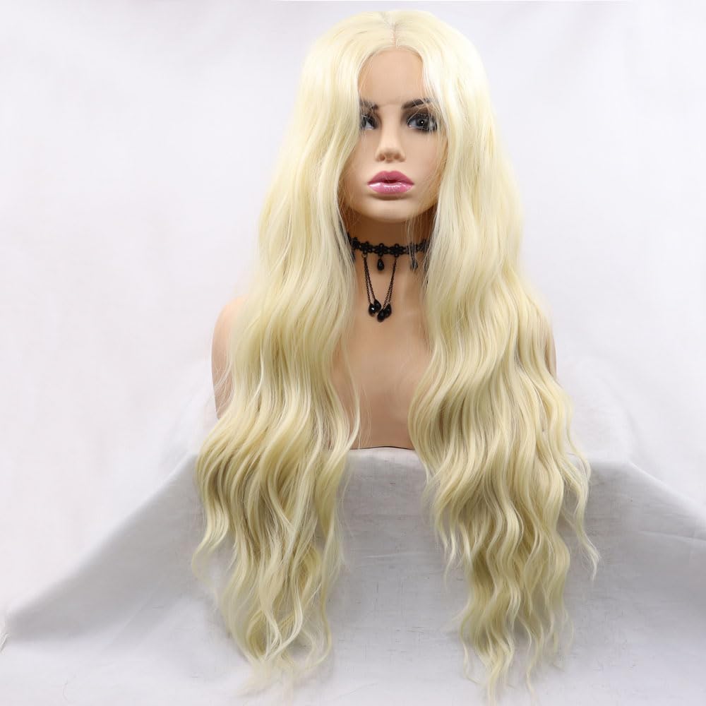 Xiweiya Long Blonde Wavy Wig #613 Blonde Color Curly Golden Synthetic Lace Front Wigs Middle Part Wig Long Soft Wavy Wig Hair Replacement Wig for Women Drag Queen Makeup 24 inch - Image 3