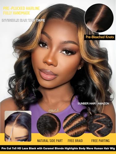 Image of Sunber Bye Bye Knots 7x5 Lace Black with Caramel Blonde Highlights Body Wave Glueless Wigs Pre Everything Pre Cut 7x5 Lace Front Pre Plucked Pre Bleached Knots 150% Density 26Inch Put On and Go Wig