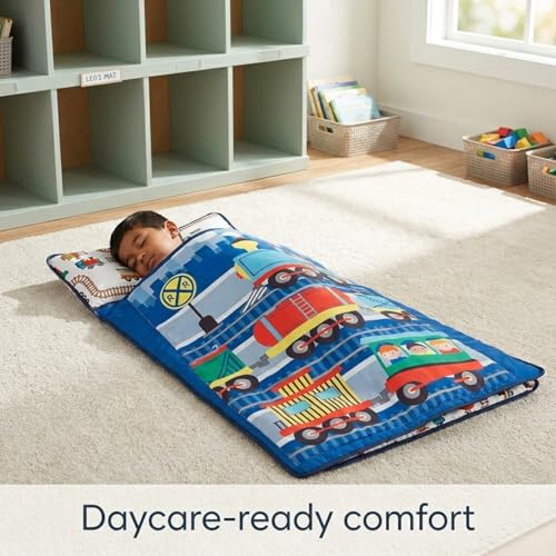Image of EVERYDAY KIDS Toddler Nap Mat with Removable Pillow -Choo Choo Train- Carry Handle with Fastening Straps Closure, Rollup Design, Soft Microfiber for Preschool, Daycare, Sleeping Bag - Ages 2-6 Years