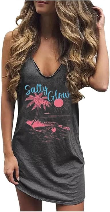 Image of Live Simple Coconut Tree Sleeveless Dress Sunshine Sand Beach Women's Summer Casual V Neck Mini Dress