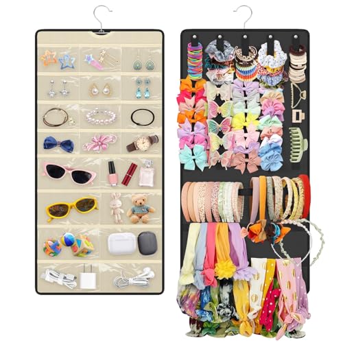EEEKit Hanging Jewelry Organizer, Dual-sided Travel Hair Accessories Storage Roll for Women Girls, Wall Hanging Hair Clip Claw Holder for Closet Door, Black