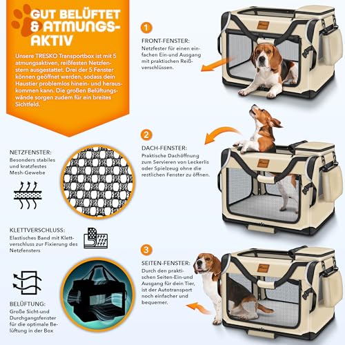 TRESKO® Hundebox faltbar inkl. Leckmatte, Spatel & Reflektoren M 61x42x42cm | Transportbox für Hunde und Katzen | Hundetransportbox Auto für kleine & große Hunde | Hundetasche robust Beige