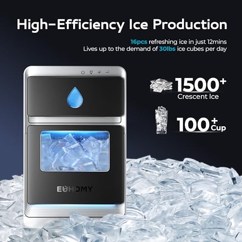 Image of EUHOMY LunaArc Crescent Ice Maker Countertop, 1600Pcs /Day, Ready in 12Mins, Auto Deep Cleaning, Timer, Portable Ice Maker Machine with Clear Ice Cubes for Whiskey /Coffee /Soft Drinks