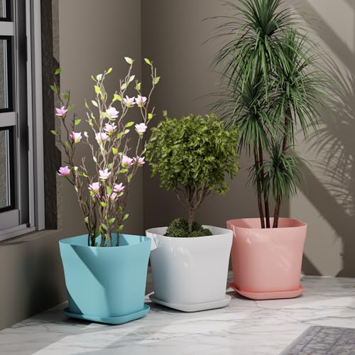 Image of StyleX Store Pack of 3 Square Plastic Flower Pot with Tray | Modern Indoor Outdoor Planter for Home Balcony Garden Office | Durable Lightweight Planter Pot | 6 Inch, Multi