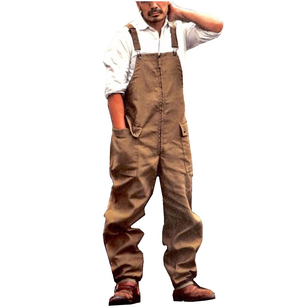 Enen Men's Brown Denim Work Overalls Bib And Brace Dungaree Overalls Trousers Casual Retro Combat Cargo Bib Overalls Jeans Jumpsuits Multi Pocket Workwear Trousers