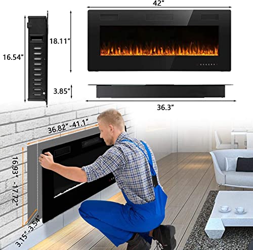 Bossin 42 Inch Ultra-Thin Silence Linear Electric Fireplace, Recessed Wall Mounted Fireplace, Fit For 2 X 4 And 2 X 6 Stud, 12 Adjustable Flame Color & Speed,Touch Screen Remote Control With 8H Timer #TOP5