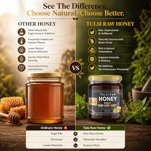 Image of Youth Natures Raw Tulsi Honey 400g | 100% Natural | Unprocessed | Unfiltered | Unheated | No Added Sugar | Rich in Antioxidants | Pure Holy Basil Honey | Glass Jar