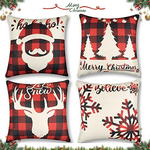 TRABIG 4 Pcs Housse Coussin Noël 45x45cm, Rouge Linen Taie Oreiller Noel avec Le Père Noël Sapin de Noël Wapiti Flocon de Neige Motif pour Decoration Interieur et Coussins Voiture Cover