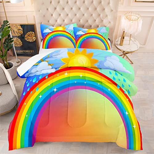 NINENINE Colorful Rainbow Twin Bedding Sets for Girls Teens, Sun and Rain Comforter Set Cloud Bed Set-Includes 1 Comforter with Matching Pillowcase