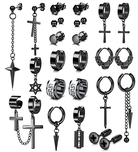 Adramata Pendientes de Aro Cruz Colgantes Punk Acero Inoxidable - Pequeño Aro Plata Negro