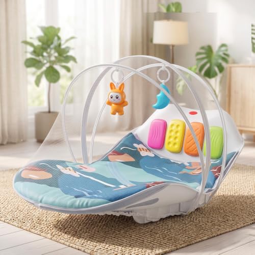 Image of StarAndDaisy Baby Musical Play Gym with Kick Piano & Hanging Toys, Play Gym for Babies 0 to 24 Months, Ergonomic Rocker with Mosquito Net for Sensory Play & Early Development