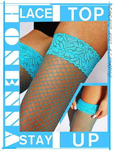 Image of HONENNA Fishnet Thigh High Stockings, 20+ Colors Silicone Lace Top Stay Up Nylons Tights for Woman, Size A-D