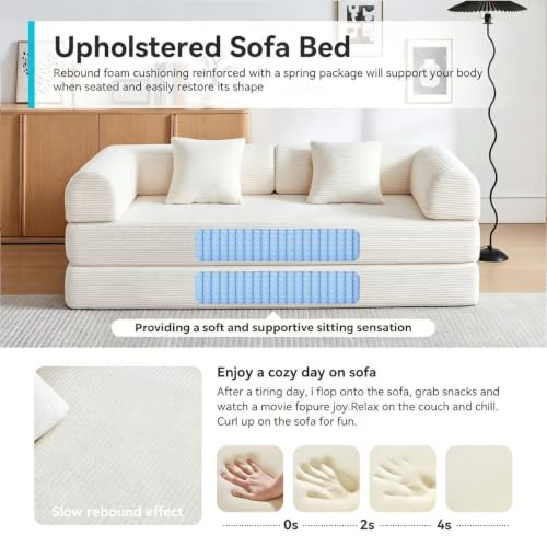 Image of Convertible Folding Couch, 5-in-1 Futon Sofa with Armrests, Convertible Sleeper Sofa Bed Comfy Fold Out Bed for Living Room, Bedroom,Guest, Office, No Assembly Sofa for Small Spaces(Beige White)