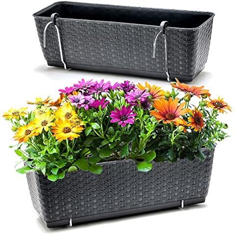 BigDean 2er Set Blumenkästen für Balkon-Geländer - Rattan-Optik - Anthrazit - Balkonkästen mit Metall-Halterungen - 49 x 17 x 17 cm - inkl. Bewässerungssystem Cover