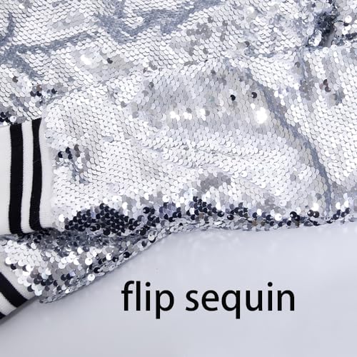 A ARFAR Women Sequin Jackets Flip Striped Collar Glitter Varsity Striped Bomber Sparkly Coat Party Outwear Ladies Shiny Cloth4