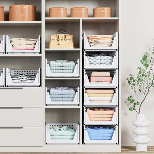 Image of Go Hooked Foldable Wardrobe Organizer with Drawer Style Pull Out Design | Pack of 12 Large (44x34x19 cm) Shelf Storage Box | Heavy Duty Plastic Shirt Stacker for Cupboard, Almirah & Closet | White