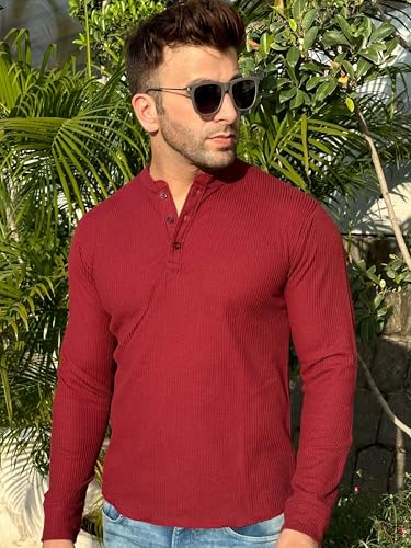 Image of GRITSTONES Men Self Waffle Knit Henley T-Shirt (GSHN-2H-01-BLK S)