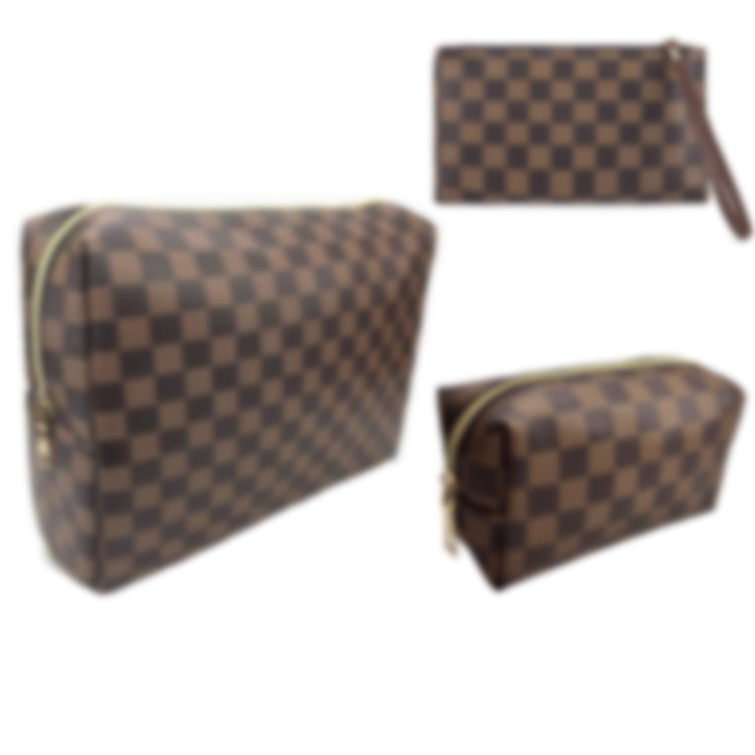 bopomofo Brown Checkered Cosmetic Bag 3 Pack,1 Big Pouch,1 Makeup Brushes Holder, 1 Coin Purse,Portable Travel Makeup Bag Set Lightweight and