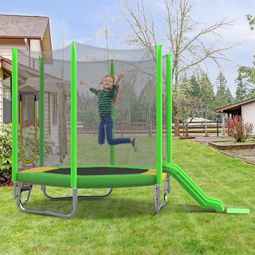 Merax 7FT Kids Trampoline with Slide and Ladder Outdoor Recreational 7 Foot Trampoline with Net and Slide for Kids Easy Assembly Round Trampoline Outdoor Green