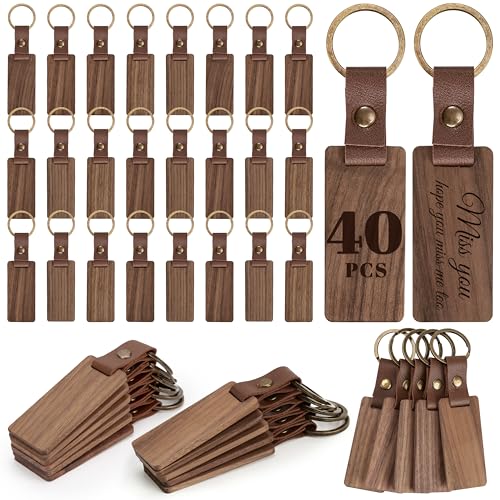 Image of Auihiay 40 Pieces Wood Keychain Blanks with Leather Straps, Blank Leather Keychains for Engraving, Blank Keychains for DIY Various Key Tags, Laser Engraving Material, Wood for Crafts