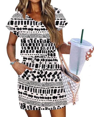 Image of AUSELILY Womens Summer Mini Dress, Short Sleeve V Neck Drawstring Casual | Tshirt dress with drawstring waist and pockets. Ideal sundress for daily outing, beach and vacation
