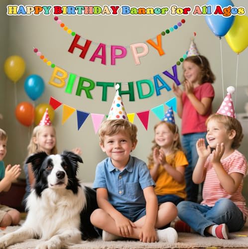Image of Happy Birthday Banner Decorations - Pre-Strung 3D Felt HAPPY BIRTHDAY Sign for Party Decor | Rainbow Reusable Happy Birthday Garland, Ball, Pennant Flag (1-Rainbow)