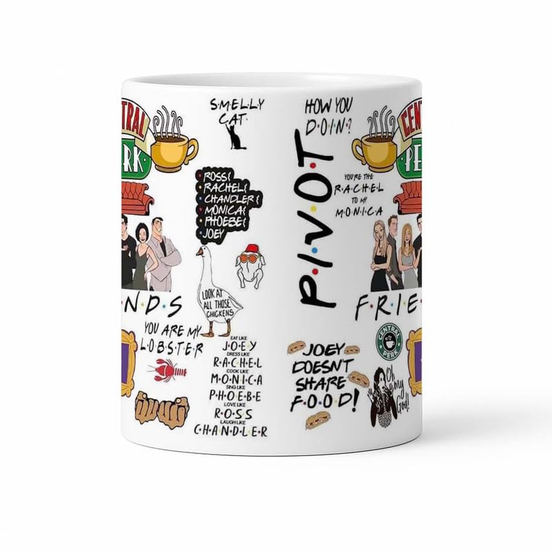Image of Friends TV Show All-Over Quote and Character Icons Themed Ceramic Coffee Mug, 11oz (330ml), Featuring Central Perk, Pivot! and Joey Doesn't Share Food! Quotes, Ideal for Die-Hard Fans