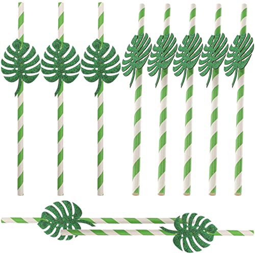 Pitillos de papel desechables con hojas de monstera y brillo, pack 10 pcs miniatura 1