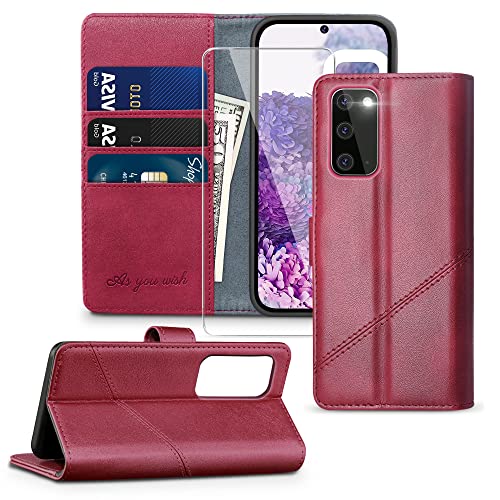 KRAFTCARE Upgraded S20 Handyhülle für Samsung Galaxy S20 Hülle [Kartenfach] [Standfunktion] Flip Case Leder STO?Feste Schutzhülle Bookcase für Samsung S20 Klapphülle Weinrot