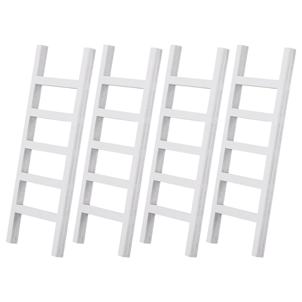 AHANDMAKER 4pcs Miniature Wooden Ladder White Dollhouse Furniture 5mm Thick Garden Accessories for Fairy Landscape Scenes Christmas Tree Decoration Craft Kits