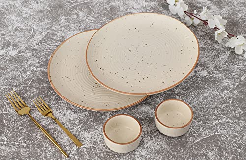 Image of Crock Comforts Handcrafted Stoneware Ribbed Cream Matte Dinner Plates Set of 2 (10 Inch) with Free Chutney Bowl | Ceramic Full Plates | Microwave & Dishwasher Safe | CC-W2