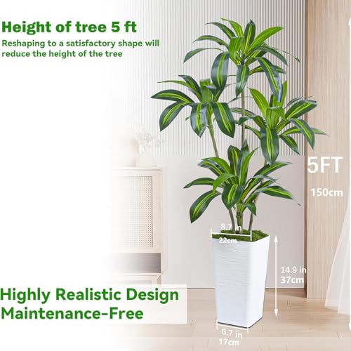 Artificial Plants Dracaena Indoor 5FT Fake Tree with White Tall Planter, Tall Fake Floor Plant in Pot, Artificial Silk Plant for Home Decor Office Living Room Porch Patio Housewarming(4 Trunks 150CM) - Image 4