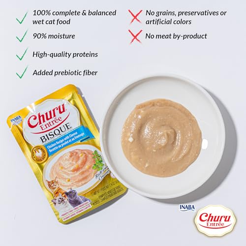 INABA Churu Entree Bisque Wet Cat Food, Chicken Salmon, 6ct | Complete & balanced wet cat food, Digestive support, Immune support, 90% moisture, Creamy bisque, 6 x 1.76 oz pouches - image 6