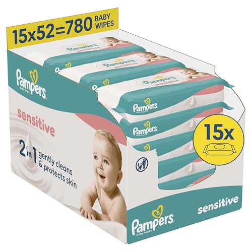 Pampers Sensitive Baby Wipes Plastic Free 1 Pack of 52 Wipes = 780 Baby Wet Wipes 2 in 1 Gently Cleans & Protects Skin