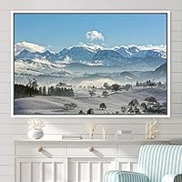 Framed Canvas Wall Art Snow Mountain Cool Expressive Farmhouse/Country Landscape Mountain Top Multicolor Photography Portrait Realism - 16x24 inches
