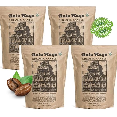 Ruta Maya Organic Medium Roast Whole Bean Coffee 4 Count - 2.2 Lbs. Each - Ethically Grown Arabica Beans- Certified Organic - Custom Roasted and Packed Daily for Freshness