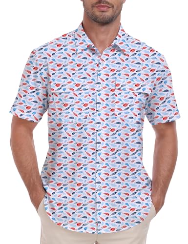 Fishing Shirts for Men Short Sleeve Button Down Print Hawaiian Camp Shirt with Breathable Back Vent Casual Beach Summer Tops