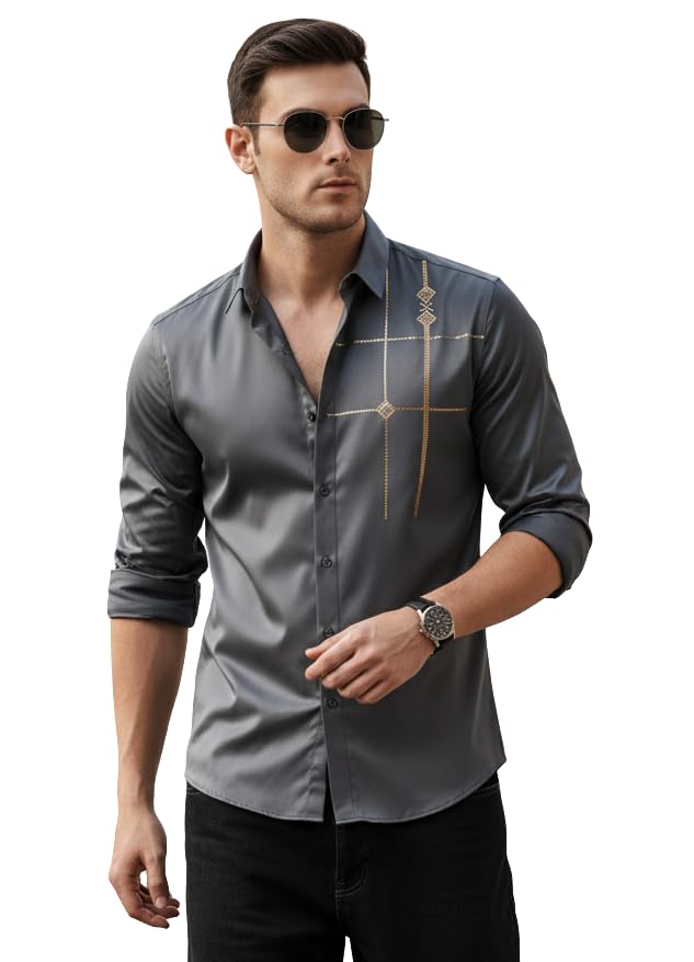 Image of IndoPrimo Men's Premium Satin Shirt for Party, Formal and Casual Wear - Stylish Designer Full Sleeve Shirt for Men