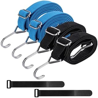 Hejo Adjustable Flat Bungee Straps with Hooks 4 Pack, 2 Size Long Bungee Cords with Hooks, Strong Stretchy Bungee Straps for Bicycle, Motorcycle, Camping, Moving Cargo(2x2M Blue, 2x1M Black)