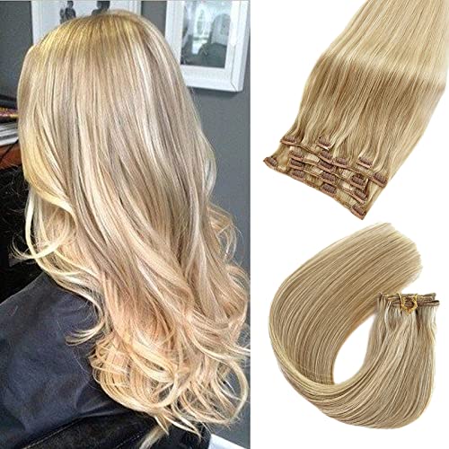Image of Clip in Human Hair Extensions Blonde Highlihgted Remy Hair Extensions 18inch Natural Hair Extensions Beige Blonde Mixed Bleach Blonde Hair Extensions Clip ins 7pieces 70g for Women