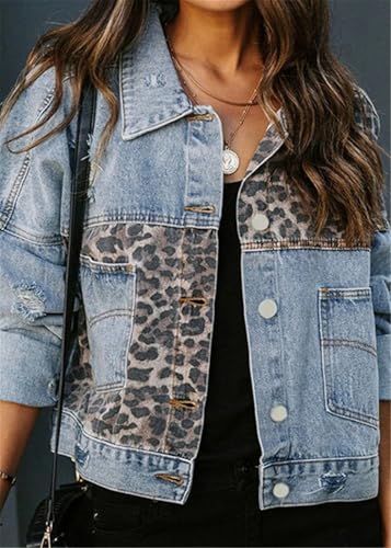Women’s Leopard Print Spliced Distressed Ripped Denim Jacket Long Sleeve Pockets Jean Jacket Coat2