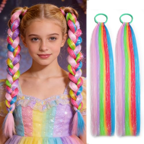 Colorful Hair Extensions for Braids Ponytail Extension 2 Packs 20 inch Crazy Hair Day Accessories for Women DIY Festival Wacky Rave Braids Tinsel Mixed