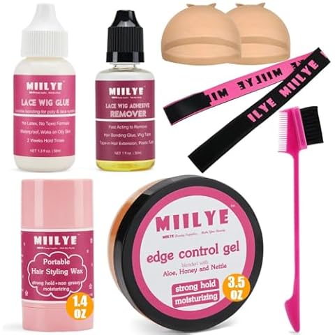 MIILYE Lace Wig Glue and Hair Styling Wax Gel Combo Pack Wig Install Kits, Wig Glue for Front Lace Wig and Remover, Edge Control Gel 3.5oz, Hair Wax Stick, Wig Band, Wig Caps and Edge Brush Cover