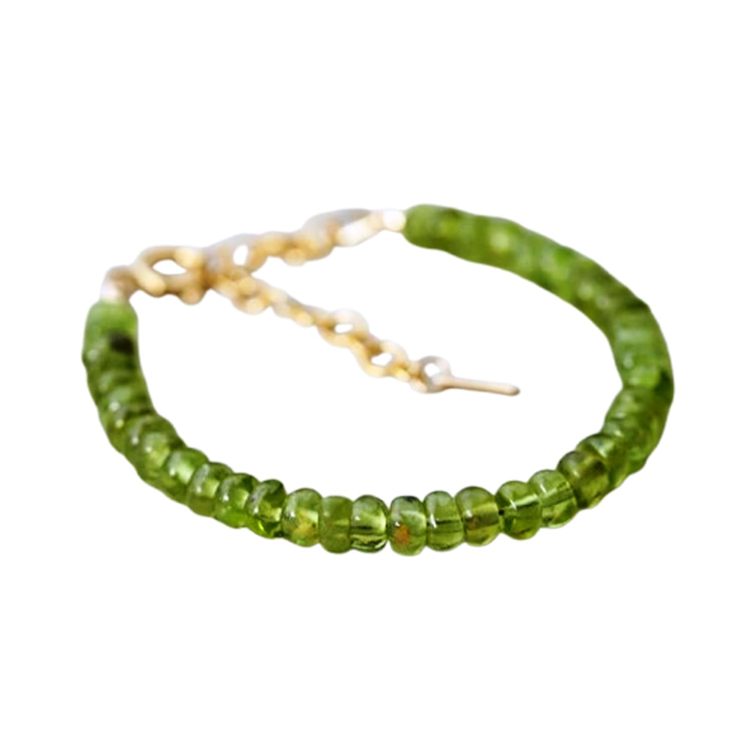 Gold Plated Bracelet with Green Smooth Peridot Beads – Rondelle 4-4.5mm – 7 inch Adjustable – For Men & Women|FIZA_LINK_05323