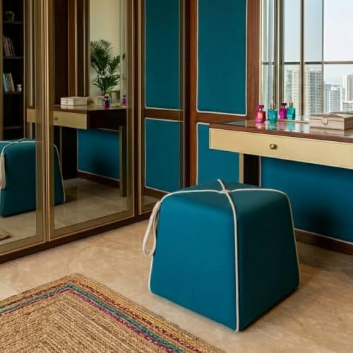 Image of FURNY Signature Cresta Suri Accent Pouf | Boston Fabric | 40D High-Density Foam | (Ocean Green) | Footrest, Vanity Ottoman & Accent Seat for Home, Office & Hotel