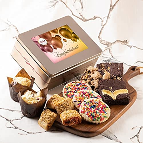 Dulcet Gift Basket Congratulation Fresh Baked Cookie & Brownie Gift Tin- Perfect Conratulations Celebration Card for Women, Mom, Friend, Daughter, Sister, Co-worker