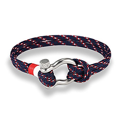 EXINOX Bracelet Nautique Manille en Acier | Homme et Femme | Cuir d'acier Inoxydable (Bleu et Rouge)