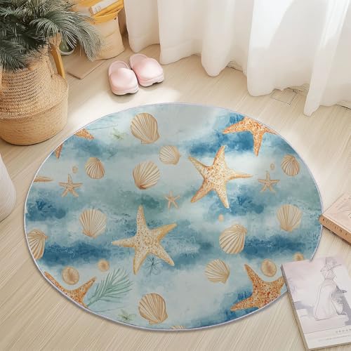 Genérico Alfombra Redonda Grande Lavable, Antideslizante Estrella De Mar De Acuarela para la decoración Interior del Dormitorio, Sala de Estar y habitación de los niños 120 cm, Azul Claro