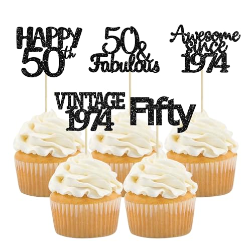 Gyufise 24Pcs Vintage 1974 Cupcake Toppers Awesome Since 1974 Cake Decorations Cheers to 50 Fabulous Fifty Cupcake Picks 50th Birthday Wedding Anniversary Party Cake Decorations Supplies Black