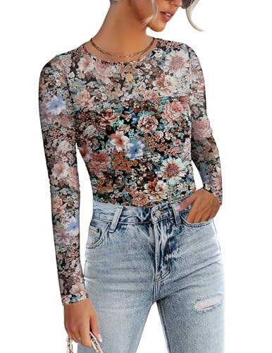 Image of Zeagoo Women Blouses Business Casual Lace Tops Mesh Sheer Long Sleeve Boho Floral Print Shirts Fall Fashion Outfits 2025
